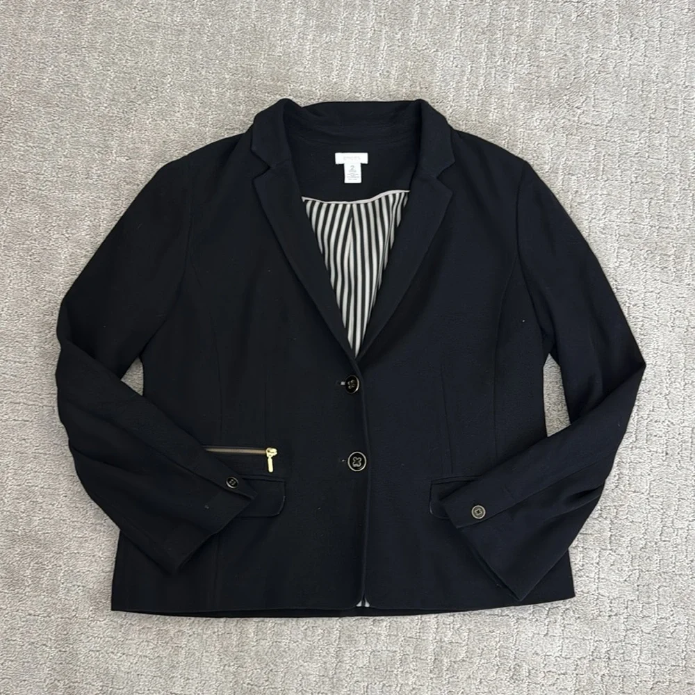 Chico’s knit pique black blazer enamel button gold tone hardware career workwear